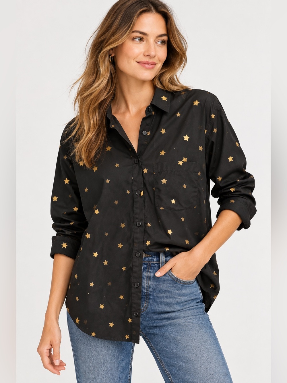 Madewell Oversized Ex-Boyfriend Star Print Button Down Shirt Black Gold Size XL